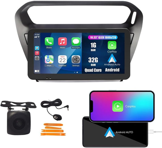 Kunfine Car CarPlay Android Auto Navigation Stereo GPS Radio Camera Display 10.33" QLED Touchscreen Headunit Tablet Media Player for Peugeot 301 2013-2022, if Applicable Quad Core 1G+32G Matte Black