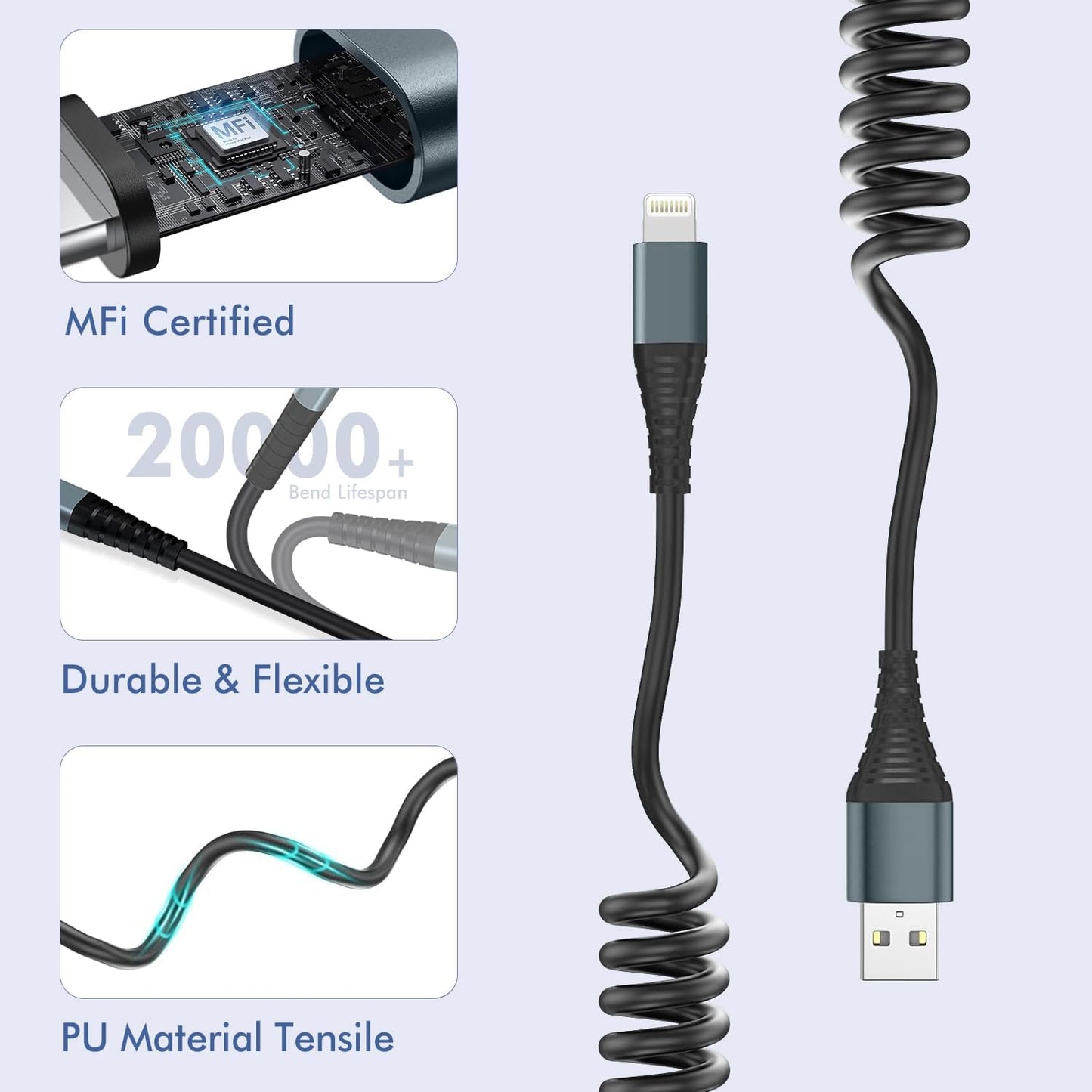 Coiled Lightning Cable 6FT,2 Pack MFi Certified Retractable iPhone Car Charger Cord,Apple CarPlay Cable Compatible with iPhone 14/13/12/11 Pro Max/XS Max/XR/X/8/7/iPad