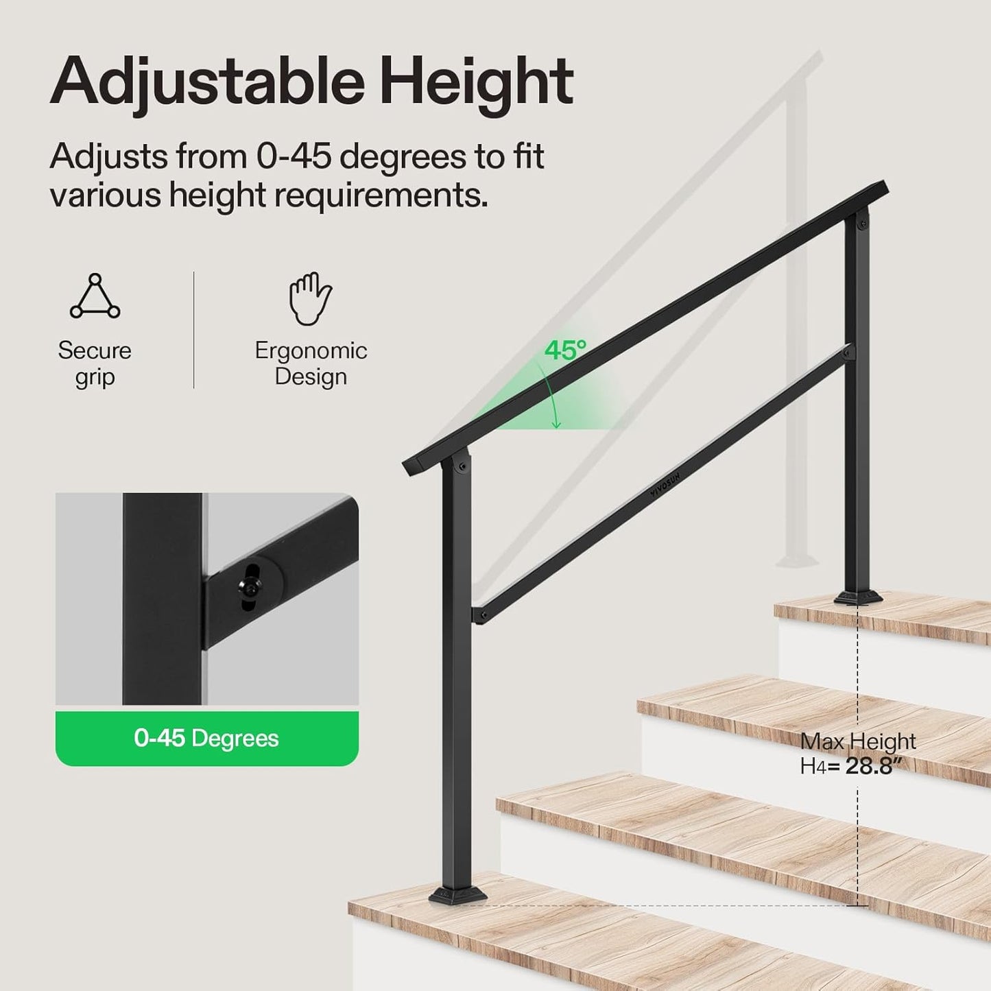VIVOSUN Outdoor Handrail, 4 Step Stair Handrail, 54" x 36" Fits 1 to 4 Steps, Wrought Mattle Iron Handrail for Concrete Steps, Porch Steps, One-Step Assembly, Black