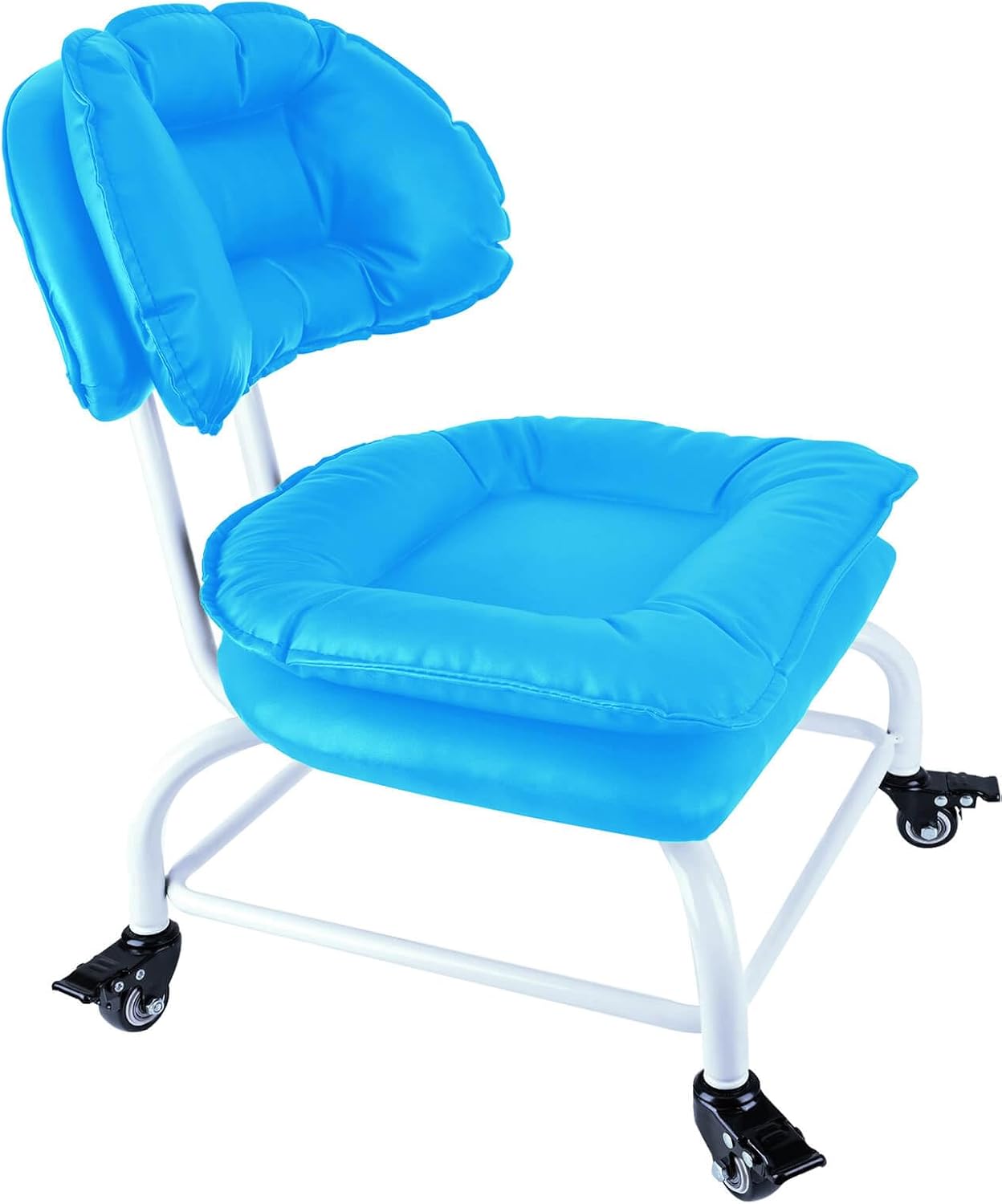 Rolling Stool Wide Seat with Back Rolling Chair 4 Wheels with Brakes for Home Office Garage Shop Waterproof Roller Seat Durable Steel Stand Blue