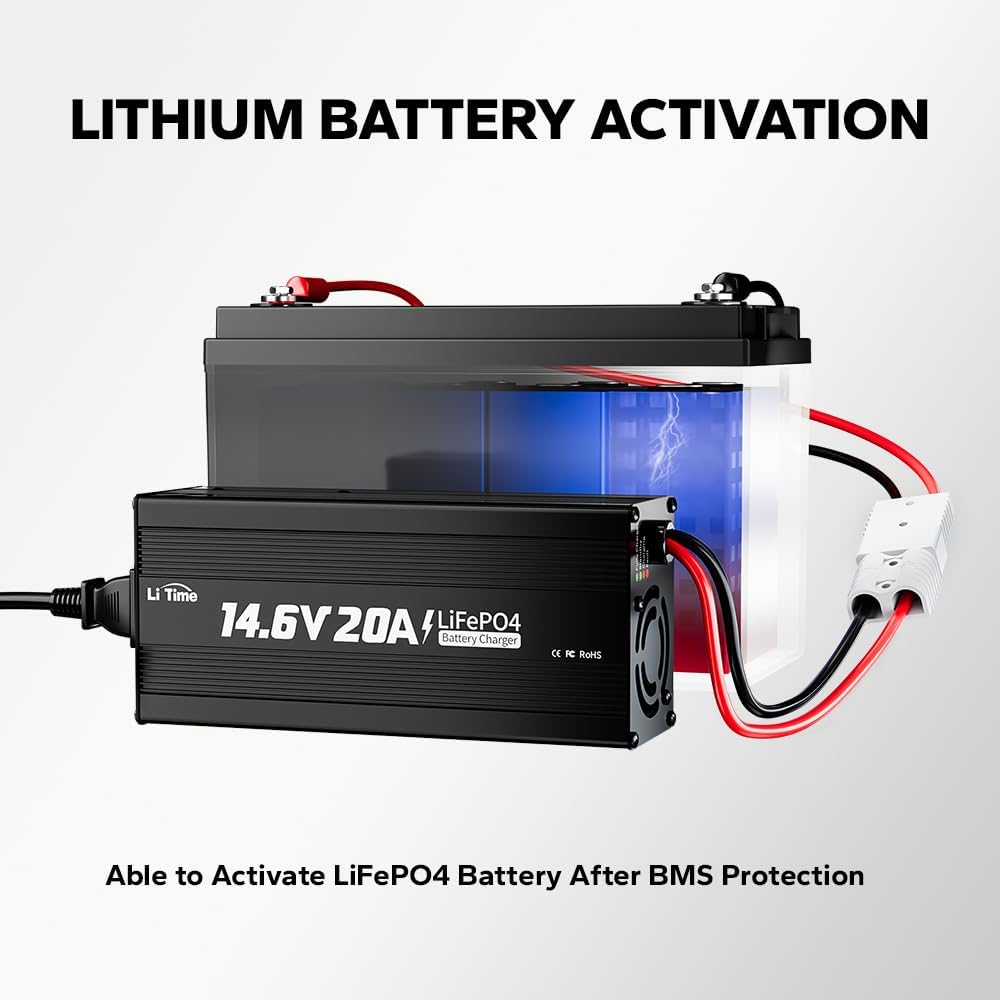 LiTime 12V 20A Lithium Battery Charger 14.6V LiFePO4 Battery Charger AC-DC Smart Charger with Anderson Connector LED Indicator Special for Lithium LiFePO4 Deep Cycle Rechargeable Batteries of Boat, RV