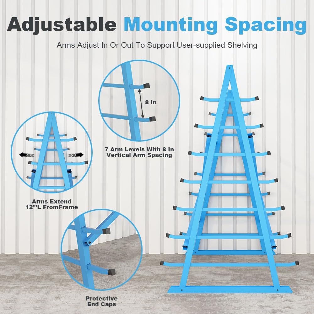 Yeeoy Steel Horizontal Storage Rack, 7 Tier Detachable Lumber Storage Rack, Heavy Duty Adjustable Pipe Rack Lumber Organizer Shelf for Garage Workshop Shed Basement, Blue