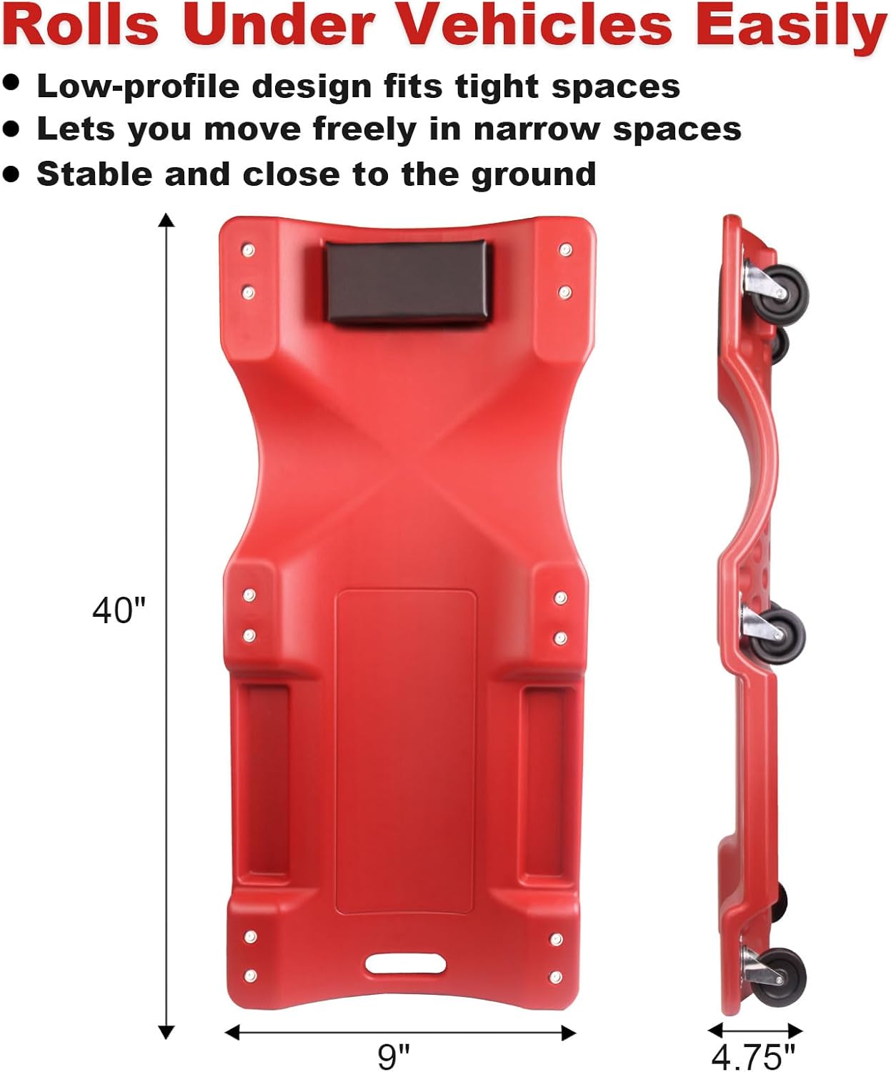 Mechanic Creeper - 40 Inch Rolling Garage Creeper with Padded Headrest and Dual Tool Trays - Low Profile Design for Under Car Repairs - Heavy-Duty Frame 500lb Capacity Red