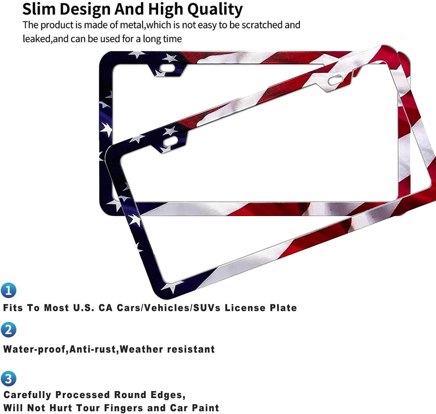 2Pack US Flag License Plate Frames- Heavy Duty Rustproof Flag License Plate Tag Holder Bracket Fits All US States with Screws Included