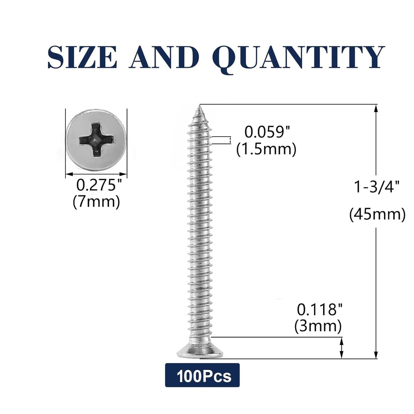 #7 x 1-3/4" Wood Screw 100Pcs 18-8 (304) Stainless Steel Screws Flat Head Phillips Fast Self Tapping Drywall Screws by SG TZH