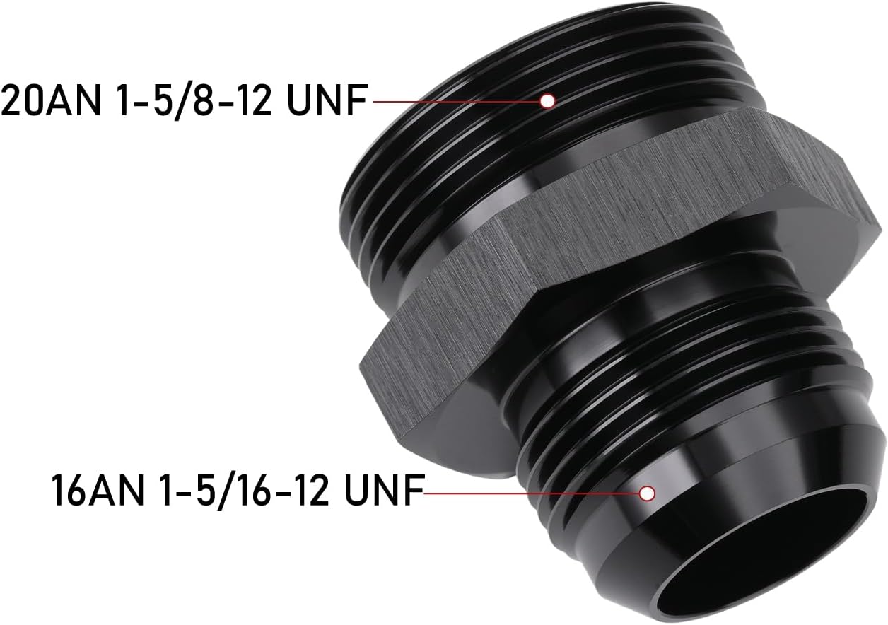 16AN Male Flare to 20AN ORB O-ring Boss Fuel Pump Rail Adapter Fitting Aluminum Black, Pack of 2