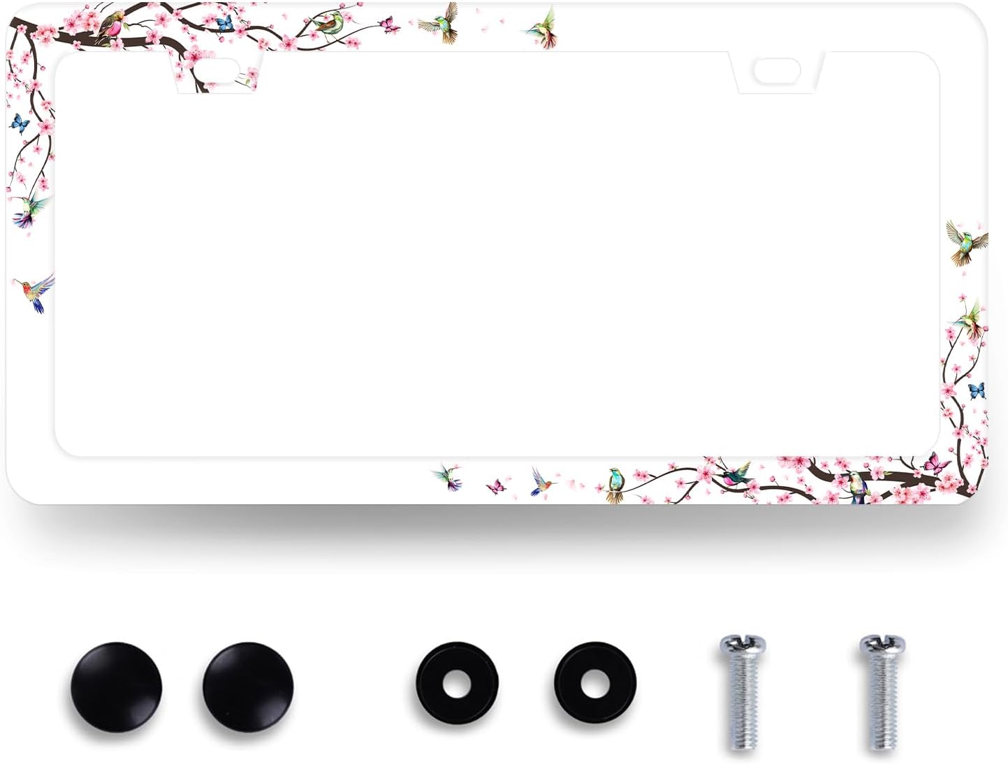 Hummingbird License Plate Frame Cherry Blossom Pink Flower License Plate Holder Colorful License Plate for Car Decoration Stainless Steel Bird Car Accessories with Screws Women 12.3"x6.3"