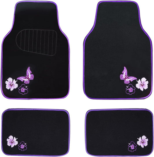 CAR PASS Embroidery Butterfly and Flower Car Floor Mats, Purple Car Floor Mats, Universal Fit 95% Automotive,SUVS,Sedan,Vans,for Women,Girly,Set of 4(Black with Purple)
