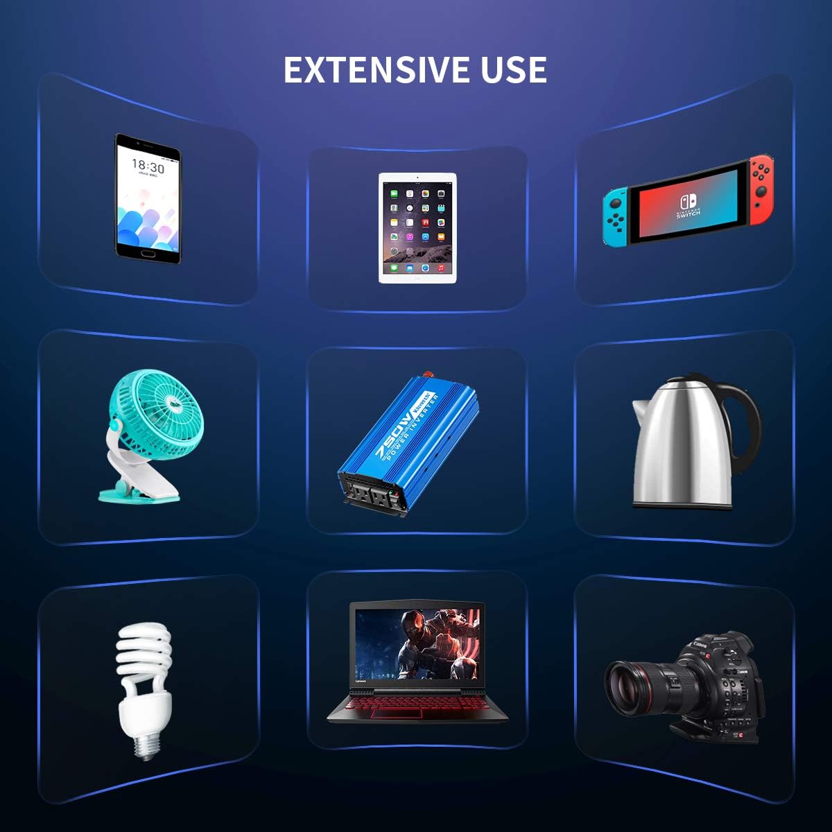 750 Watt Power Inverters DC 12V to 110V AC Converter with 2 AC Outlets and 2A USB Charging Port for Camping Car Power Inverter for Car Cigarette Lighter