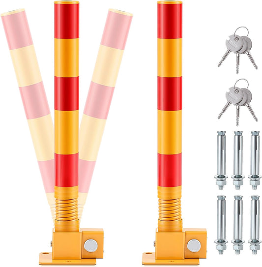 Zonon 2 Pcs Spring Parking Post Folding Heavy Metal Parking Barrier Lock Obstacle Pile with Warning Stripes Interceptor Bollard for Traffic-Sensitive Area Garage