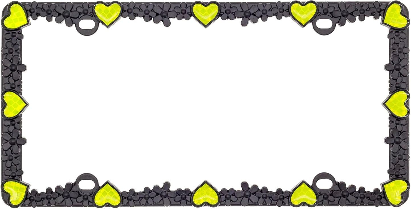 Creathome 3D Daisy Heart License Plate Frame from Pure Zinc Alloy Metal Perfect Plate Holder, Matt Black Daisy with Yellow Reflective Heart