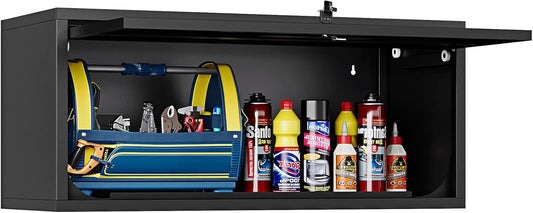 Small Wall-Mounted Locking Cabinet Metal Garage Storage Cabinet Hanging Medicine Lockable Steel Utility Floating Tool 14" H Assembly Required Black