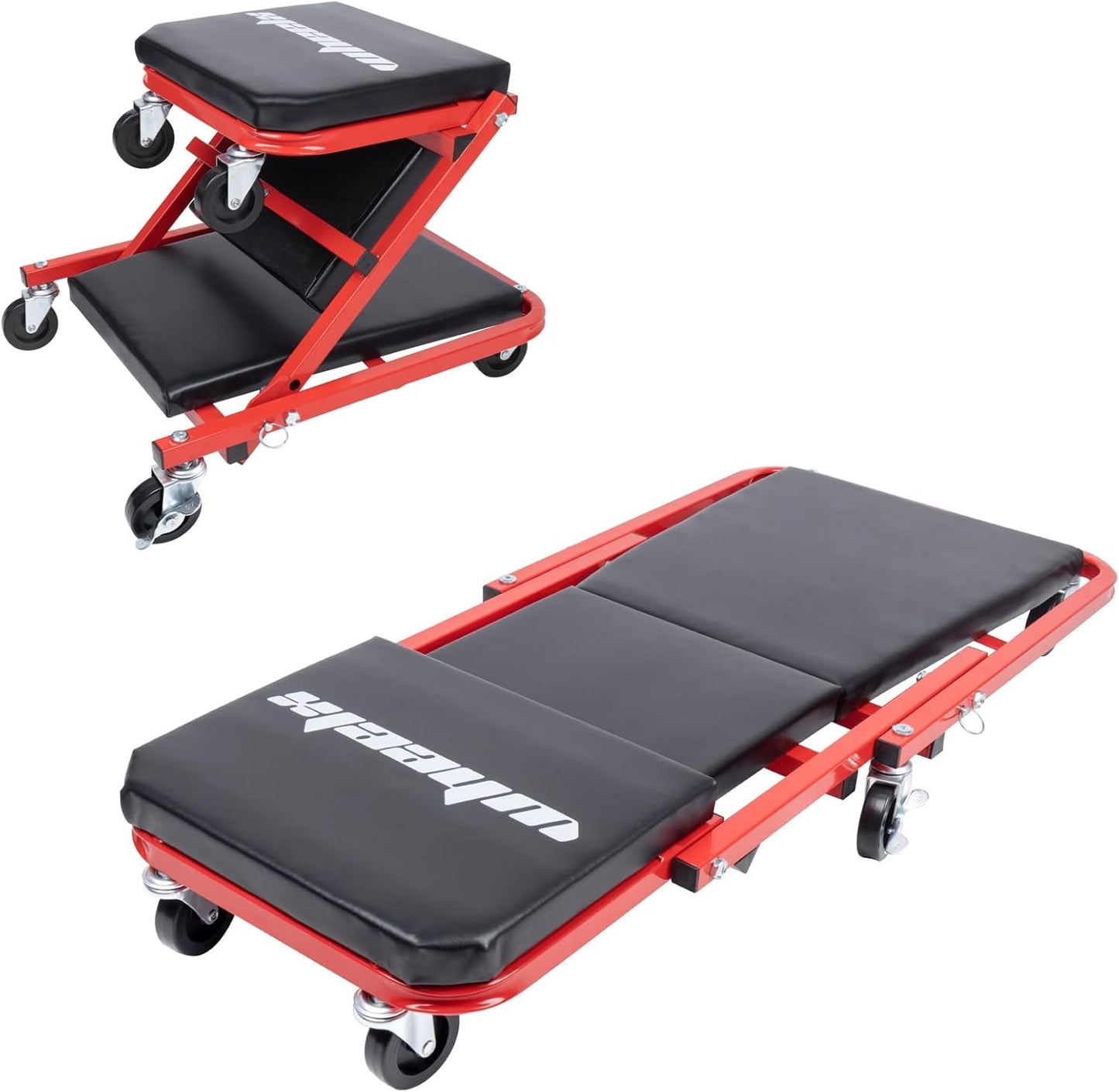 Mechanic Creeper 36 Inches 2-in-1 Z Seat with Brake, 340 lbs Capacity, Foldable Garage Chair Adjustable Rolling Folding with 6 pcs Wheels Roller, Lay Down or Sit Under Car Auto Repair Red Black