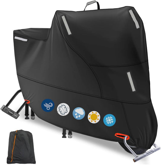 Motorbike Cover Waterproof Outdoor, Motorcycle Scooter Moped Rain Dust Cover with 5 Reflective Strips and 2 Windproof Buckles, 2 Lock-Holes fits Cruisers Sportbikes (1XL: 91 x 35 x 49 inch)