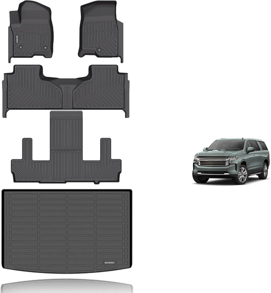 KELCSEECS® Floor Mats & Cargo Liner Custom for 2021-2025 Chevrolet Suburban/GMC Yukon XL 7 Seats with 2nd Bucket Seats All Weather Protection TPE Liners Full Set Chevy Suburban Accessories Black