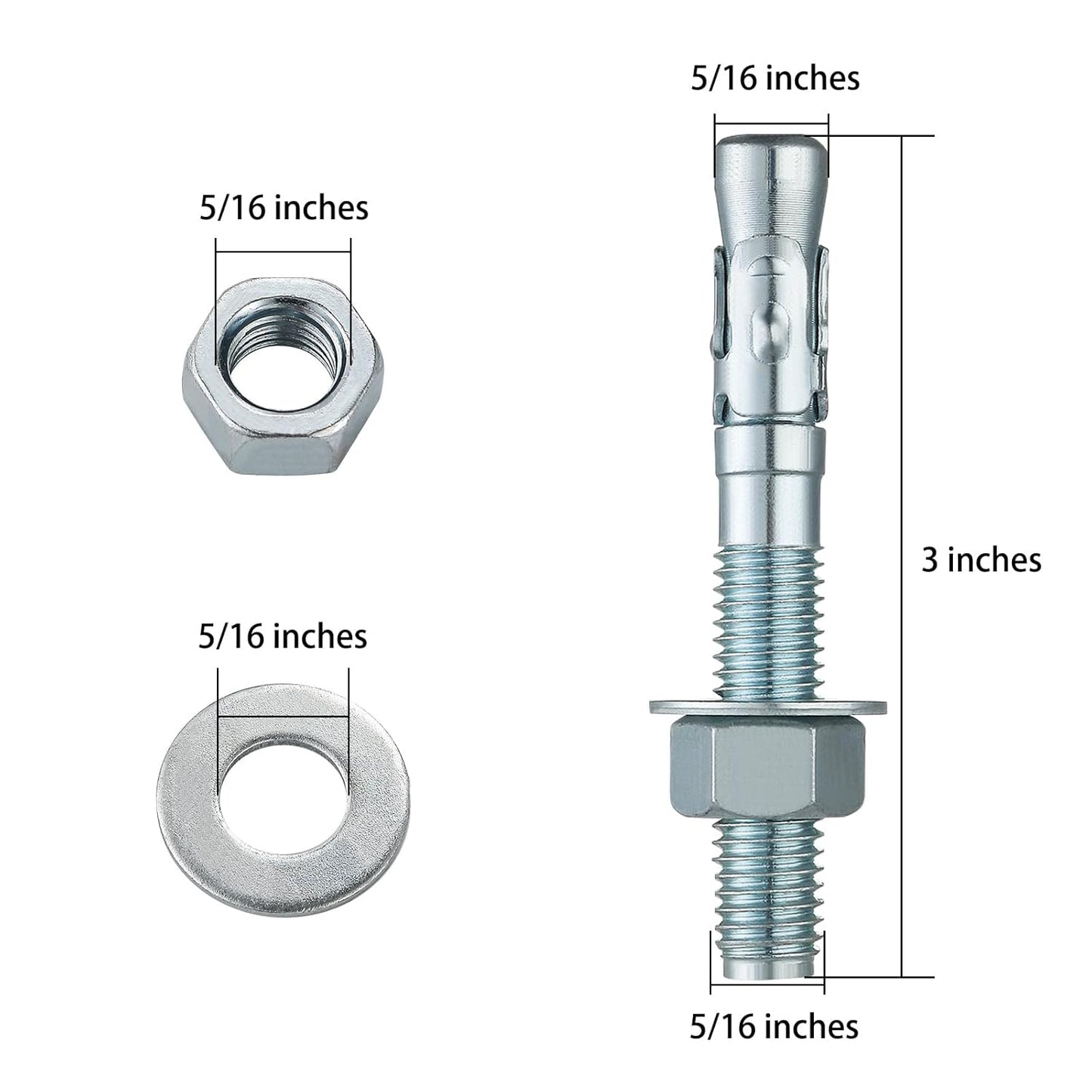 5/16x3" 10Pcs Inch Standard Fasteners for Heavy-Duty Zinc Wedge Anchors for Cement and Concrete