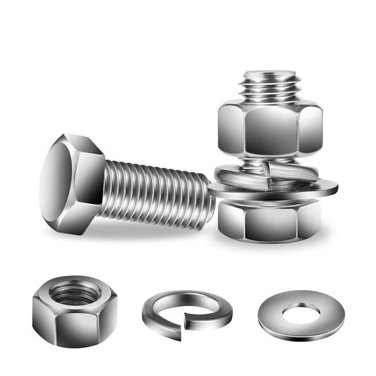 1/2-13 x 1" Hex Head Screw Bolt, Nuts, Flat & Lock Washers, 20Pcs 18-8 (304) Stainless Steel, Fully Threaded, by SG TZH