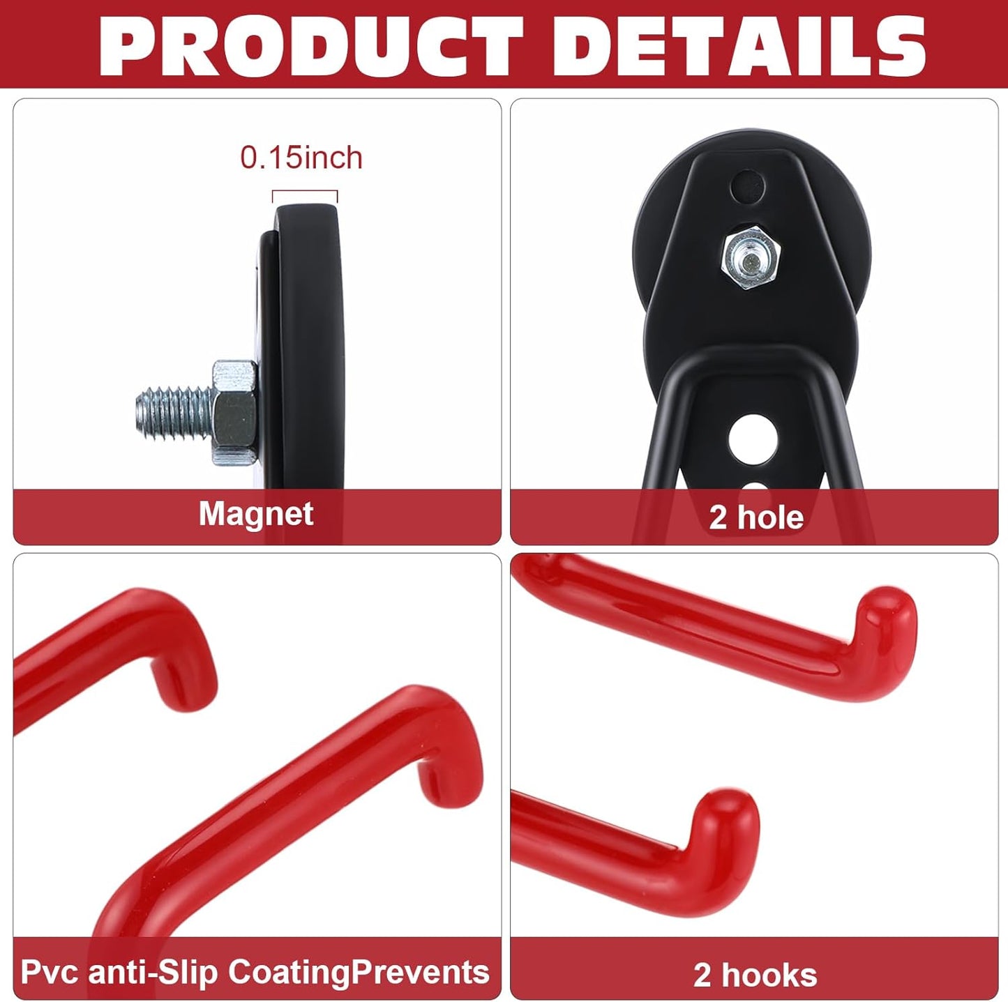 Landhoow Large Magnetic Hooks Heavy Duty Garage Magnet Hooks Strong Storage Utility Magnetic Hangers with Anti Slip Rubber Coating for Indoor and Outdoor Hanging(Red,6 Pcs)