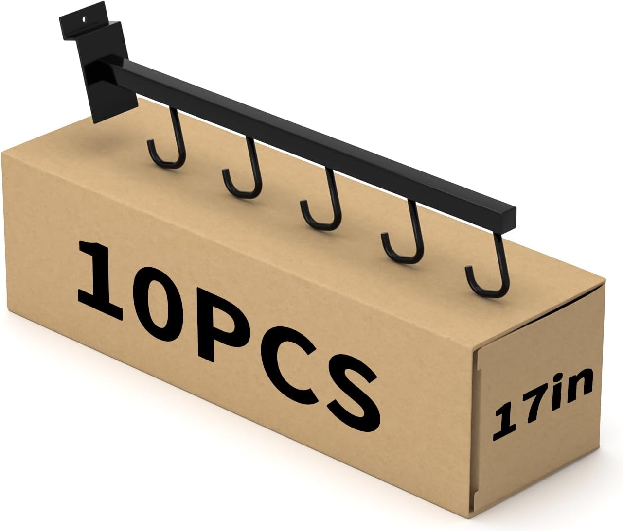 10-Pack 17-Inch Slatwall Waterfall Display Hooks with 5 J-Hooks – Black Slanted Arm Rack for Hanging Apparel, Bags & Accessories