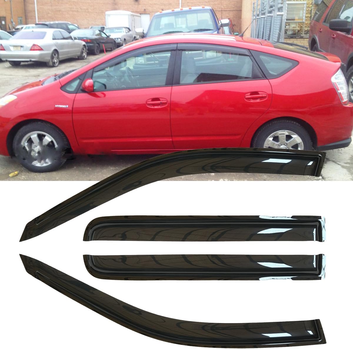 4pcs Original Shatterproof Rainproof Outside Mount Style Dark Smoke Sun Rain Guards Side Window Wind Deflectors Nice Looking Vent Window Visors Fit for 2006-2009 Toyota Prius 94963