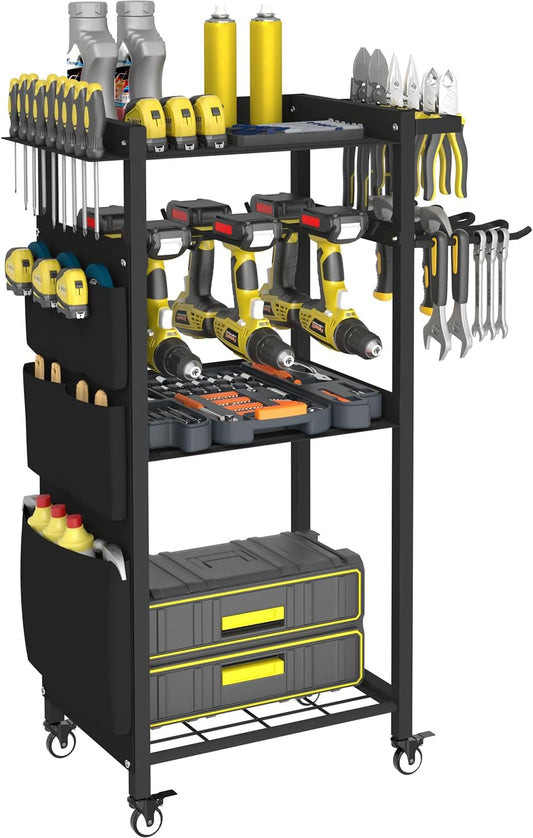 Artibear 4-Tier Rolling Power Tool Organizer Storage Cart, Garage Organization on Wheels Tool Cart with Drill Set Rack Shelf, Mechanic Utility Cart for Workbench & Outdoors Working, Gift for Men Dad