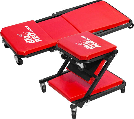 BIG RED ATR6036ZER 36" Foldable Z-Creeper Seat: 2-in-1 Garage Shop Creeper for Auto Repair with 6 Wheels, 300 Lbs. Capacity - Red