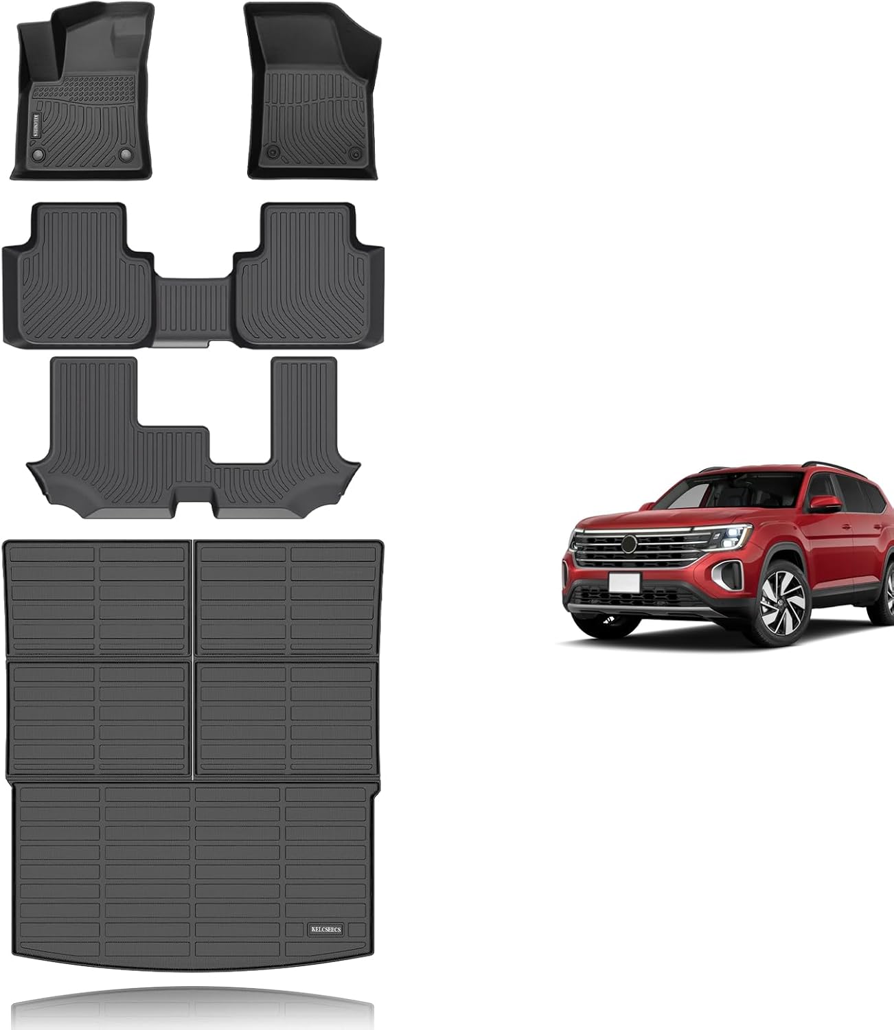 KELCSEECS® Floor Mats & Cargo Liner Custom for Volkswagen Atlas 2025 2024-2018 (7 Passenger Bench) All Weather Protection Anti-Slip TPE Floor Liners Full Set Volkswagen Atlas Accessories Black