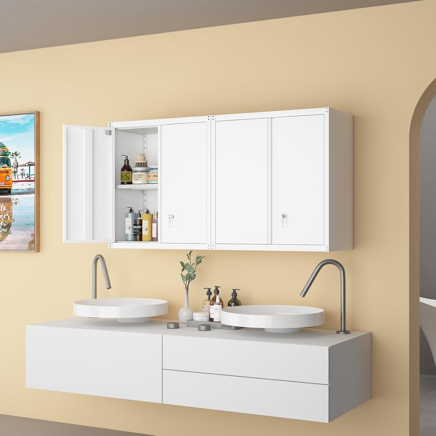 LUCYPAL Metal Wall Cabinet,Garage Storage Cabinets with Adjustable Shelves,Steel Locking Storage Cabinet with Doors for Home,Office,Kitchen,Warehouse,White