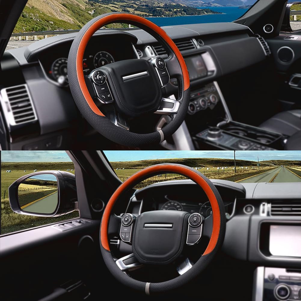 COFIT Breathable Car Steering Wheel Cover 15 inch Auto Universal Leather Wrap Non-Slip Steeringwheel Protector Automotive Interior Accessories, Orange (Suit for 14.5-15 inch)