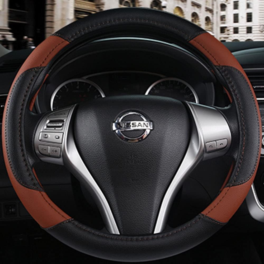 Leather Car Steering Wheel Cover, Non-Slip Car Wheel Cover Protector Breathable Microfiber Leather Universal Fit for Most Cars(Brown)