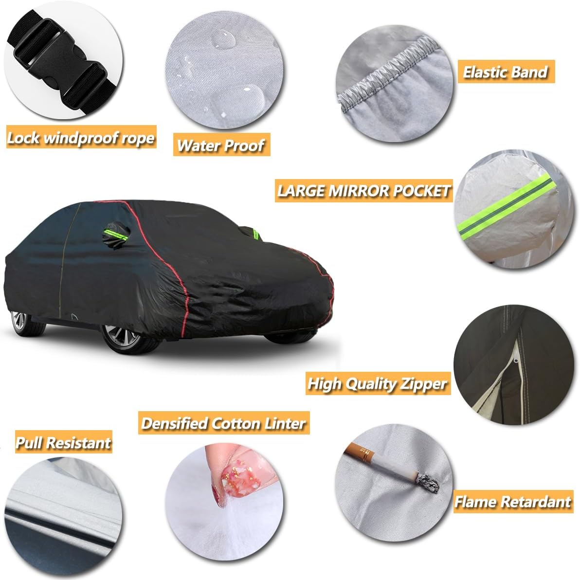 AUQDD 6-Layers PEVA New Material Sedan SUV Full Padded Car Cover Waterproof All Weather Weatherproof UV Sun Protection Snow Dust Storm Resistant Outdoor Exterior Custom Form-Fit Straps 165"-181"Black