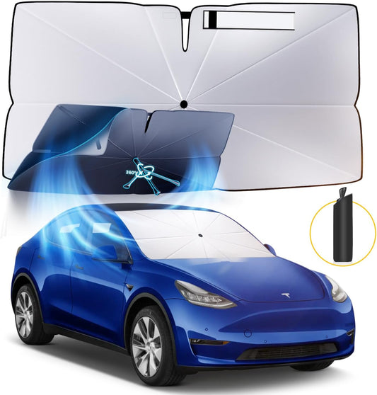 Windshield Sun Shade Umbrella: for Tesla Model Y 2016-2023 2024 2025 Model Y Juniper- Front Car Window Shades - 4-Layers Thickened Foldable Automotive Sunshades Block UV Keep Cool