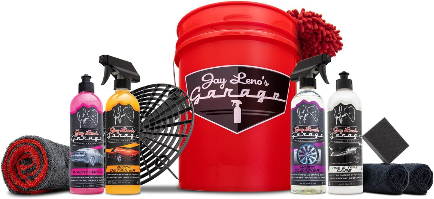 Jay Leno's Garage Basic Car Detailing Bucket Kit - Sprays, Liquids, Microfiber Towels, Applicators and Wash Mitt