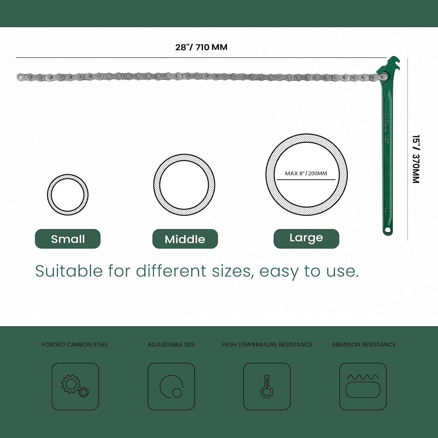 15 Inch Heavy Duty Chain Wrench for Semi Truck, Adjustable Ratcheting Oil Filter Spanner for Tool Pipe Fittings, Universal Drain, Sewer Cap, Shower Head Valve Removal