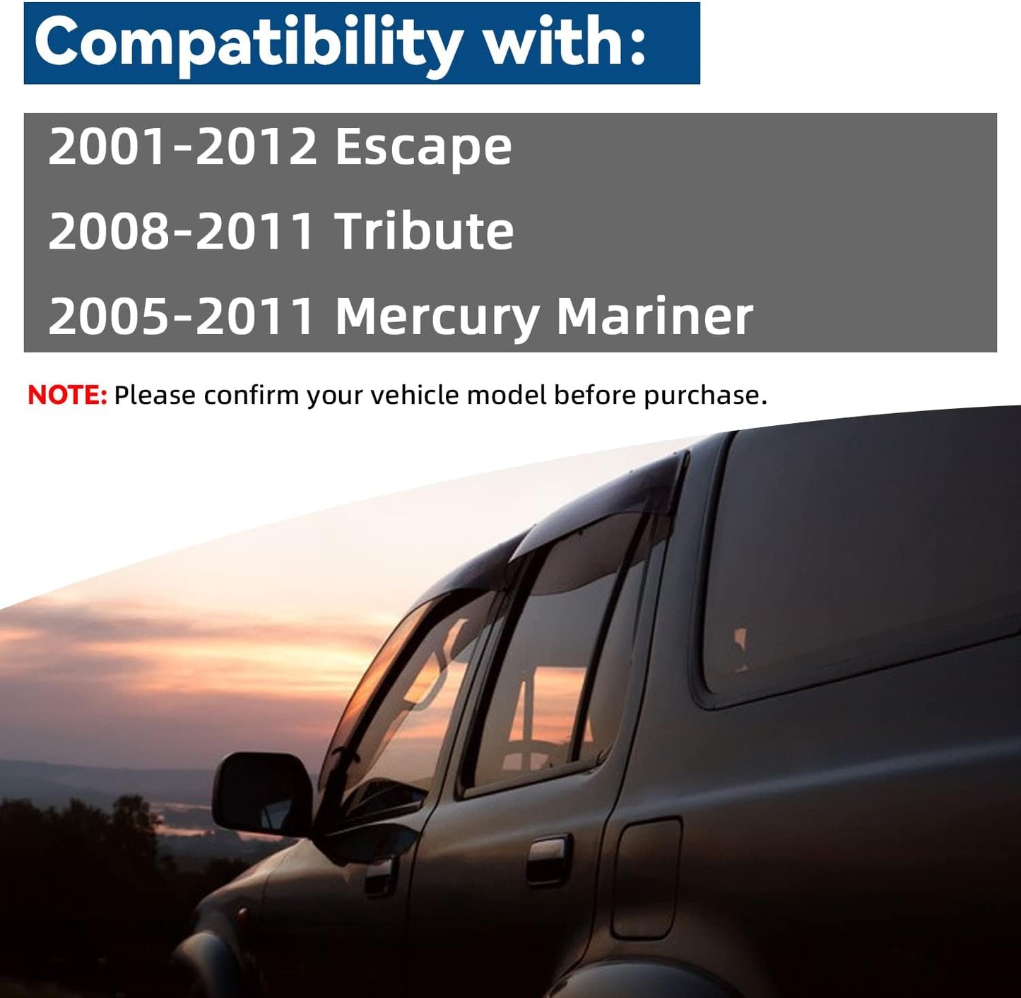 4pcs Front+Rear Smoke Sun/Rain Guard Outside Mount Tape-On Window Visors Compatible with 01-12 Escape 08-11 Tribute 05-11 Mercury Mariner