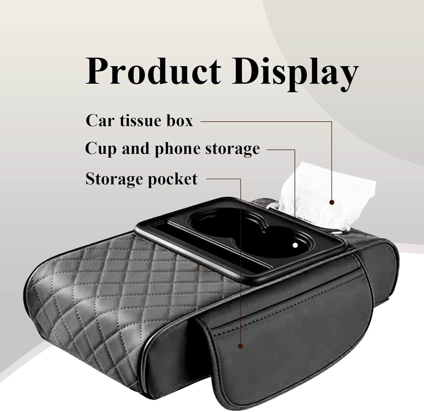 Car arm Rest Cover Pad, 5-in-1 Center Console Cover with Cup Holder, Tissue Box Slot, Mobile Phone Storage Slot, Suitable for Most Car Console Organizer, 13.8''x7.1''x3.0'', (Black)