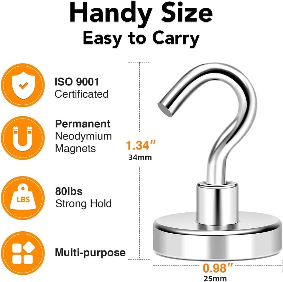 MIKEDE Magnetic Hooks, 80Lbs+ Heavy Duty Magnetic Hooks for Cruise Cabins, Super Neodymium Hanging Hooks Strong Magnets with Hook for Fridge, Magnetic Hanger for Grill, Toolbox, Storage, 4 Pack