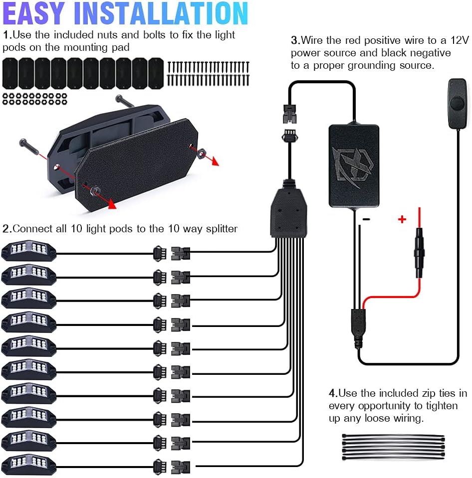 Xprite Jeep Rock Lights 10 Pods Wide Angle Bluetooth RGB LED Rocklights Kit, Multicolor Neon Lighting Footwell Underglow Kits w/Wireless Remote, Compatible Off-Road Trucks Cars UTV ATV SUV RZR