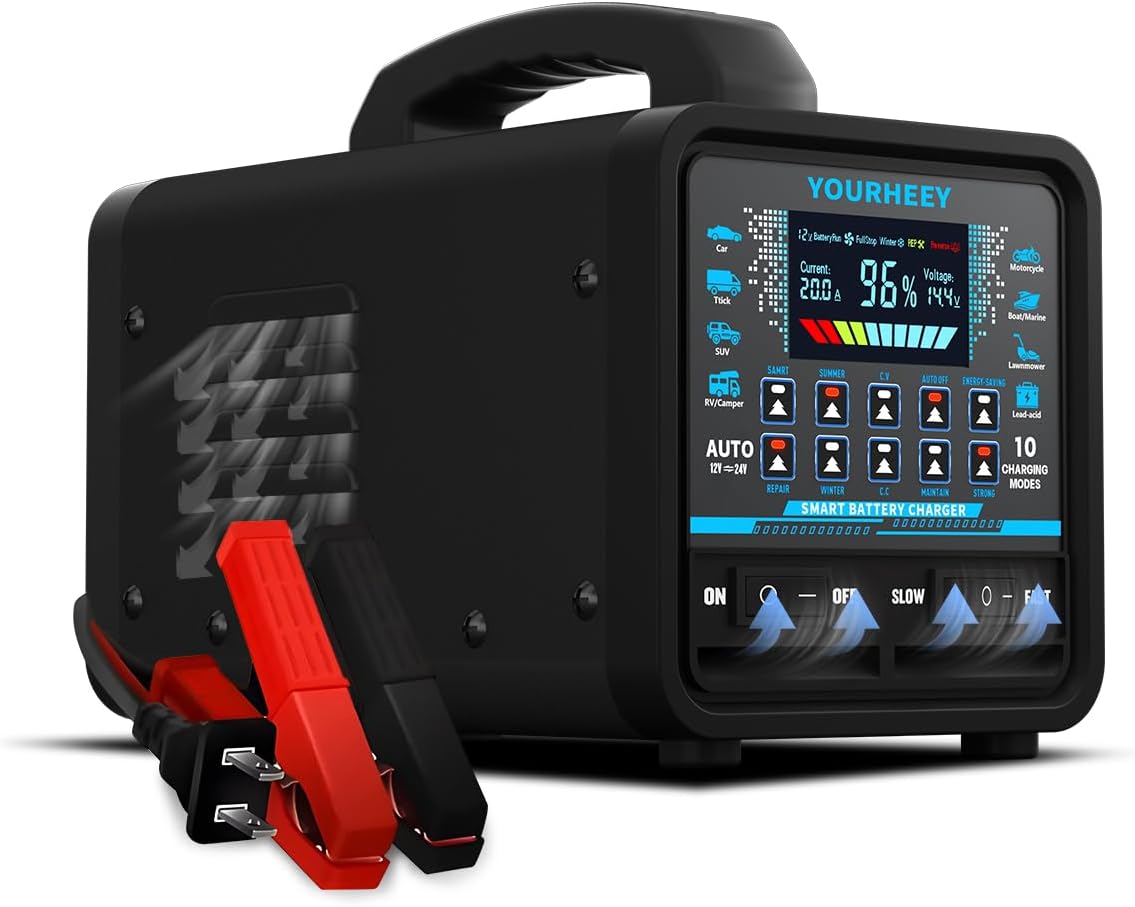 12V/24V 0-20A Heavy Duty Battery Charger/Maintainer with Auto Shutoff, Repair & Winter Mode, 10 Modes & Color Screen for Car, Truck, Motorcycle, RV, Boat, Lawn Mower, cargador de batería de carro