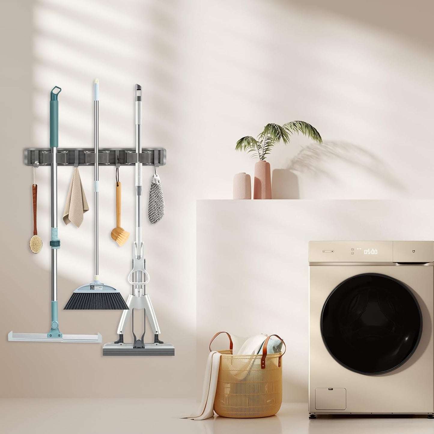 Broom Holder Wall Mount, Aluminum Mop and Broom Holder Hanger with 3 Racks and 4 Hooks, Mop Holder for Laundry Garage Tool Organization