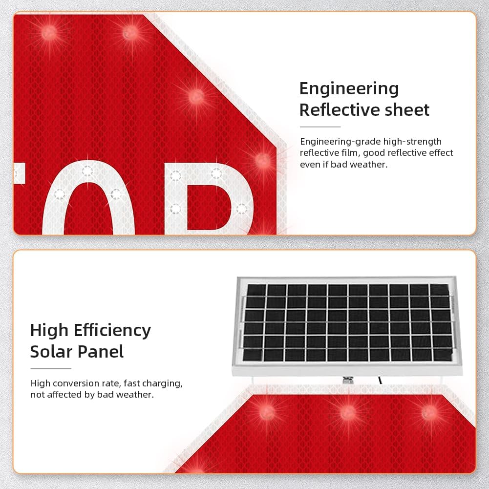 30" Solar Stop Sign Solar Powered LED Blinking Reflective Street Traffic Warning Sign Octagon Rust-proof Metal Frame