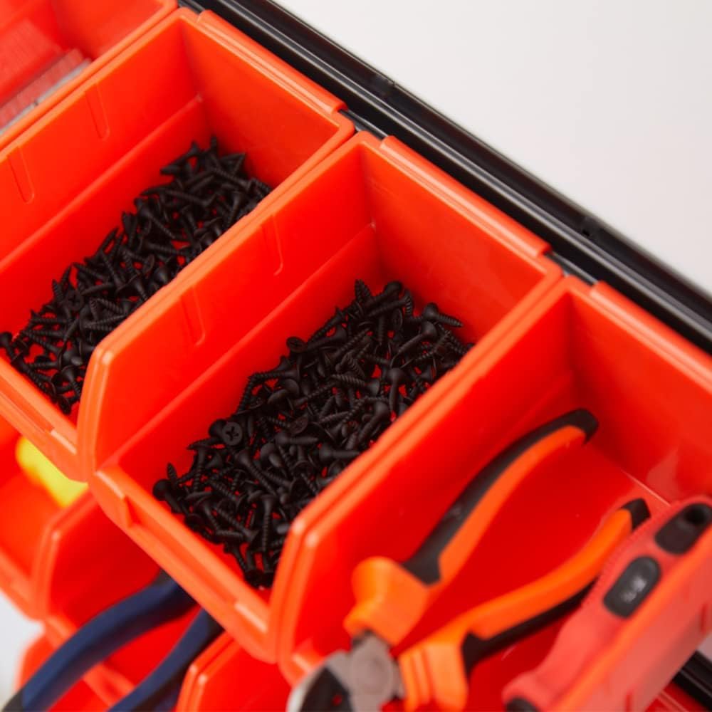 Ultrawall Wall Mounted Storage Bins, Plastic Hanging Storage Organizer Bins, Garage Tool Storage System for Screws, Nuts, Bolts, Nails, and Small Hardware Parts, 12x bins & 3 x rails, Orange