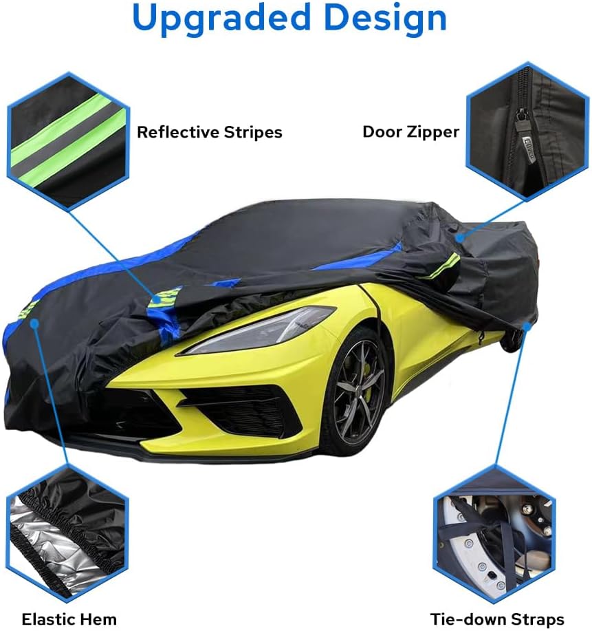 Avecrew for Chevrolet Corvette C8 Car Cover Waterproof All Weather for Automobiles, Outdoor Full Exterior Covers Fit 2020-2024 Corvette C8 with Windproof Strap and Driver Door Zipper