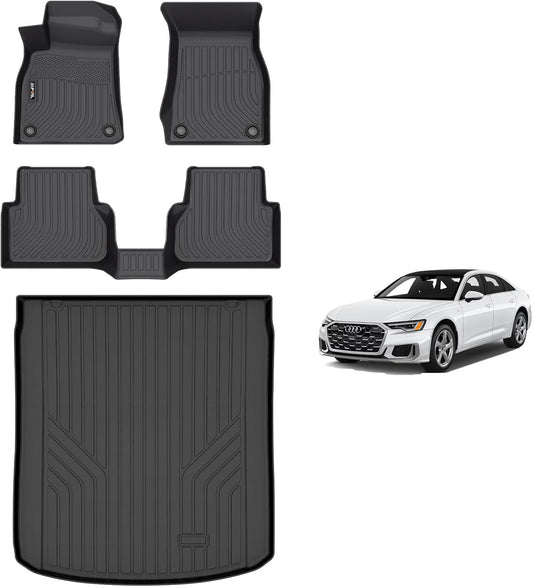 AIPOIL® Floor Mats & Cargo Liner Set for 2019-2025 Audi A6 (Not for A6 Allroad Models) All Weather Protection TPE Anti-Slip Automotive Full Set Custom Car Mats Accessories - Black