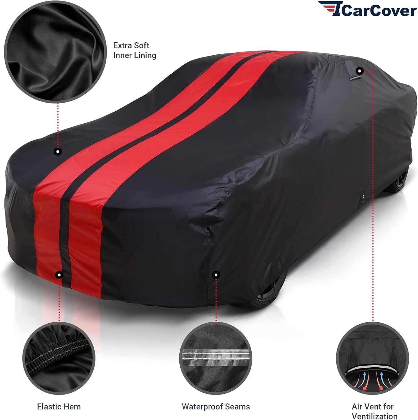 iCarCover Custom Car Cover for 1962-1981 MG MGB Roadster Waterproof All Weather Rain Snow UV Sun Protector Full Exterior Indoor Outdoor Car Cover (Stripe - Black/Red)