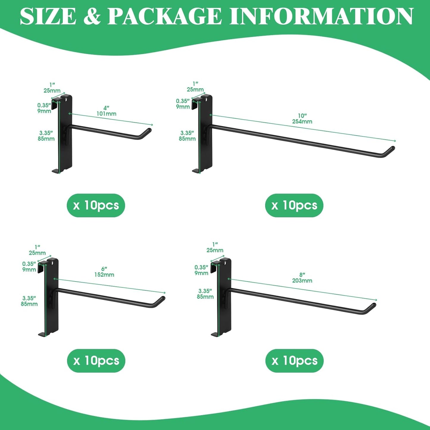 40Pcs 4" 6" 8" 10" Gridwall Display Hooks Assortment Set, Black Metal Grid Wall Panel Hanging Display Hook for Garage Shop Retail Storage, Wire Diameter 5mm/ 0.2”