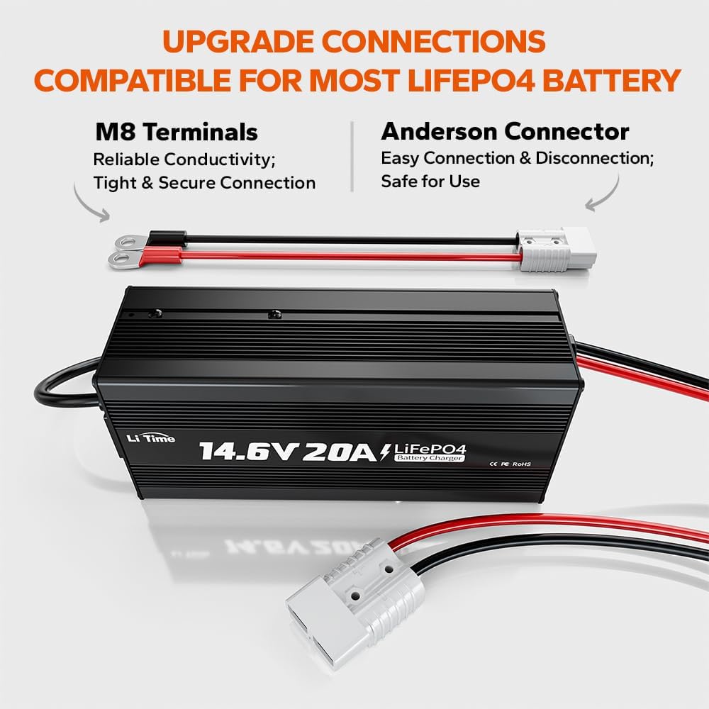 LiTime 12V 20A Lithium Battery Charger 14.6V LiFePO4 Battery Charger AC-DC Smart Charger with Anderson Connector LED Indicator Special for Lithium LiFePO4 Deep Cycle Rechargeable Batteries of Boat, RV