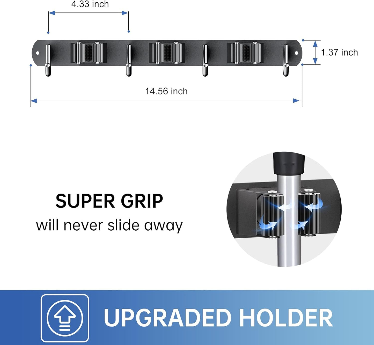 ZONGOOL Mop and Broom Holder Wall Mount, Broom Organizer Mop and Broom Storage Tool Racks Stainless Steel Wall Hanger for Home Kitchen Garden Laundry Garage (3 Racks with 4 Hooks, Black)