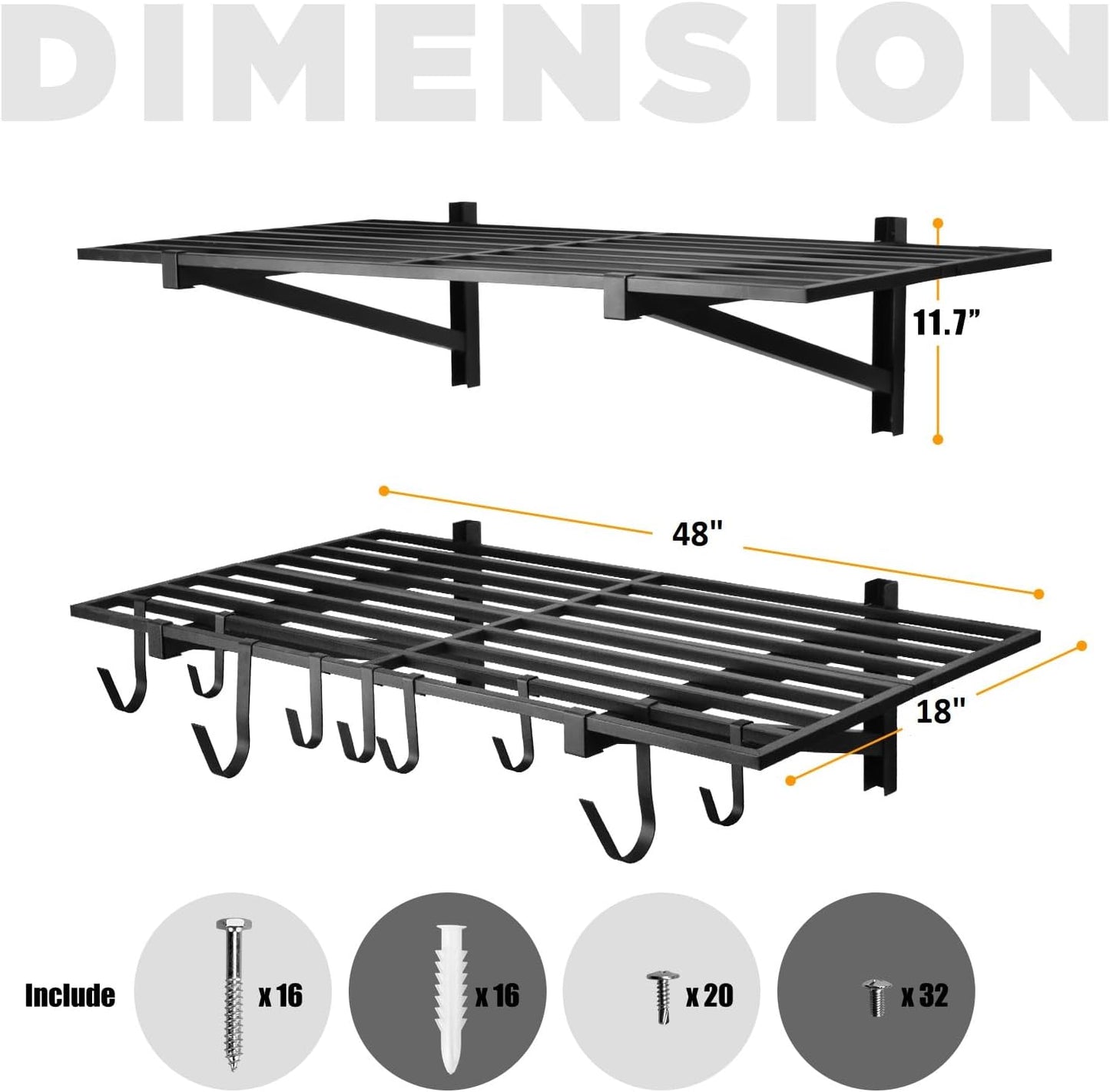 4 Pack 1,5x4ft Heavy Duty Garage Wall Shelving, Garage Shelving Wall Mounted, Storage Rack with Hooks (Black)