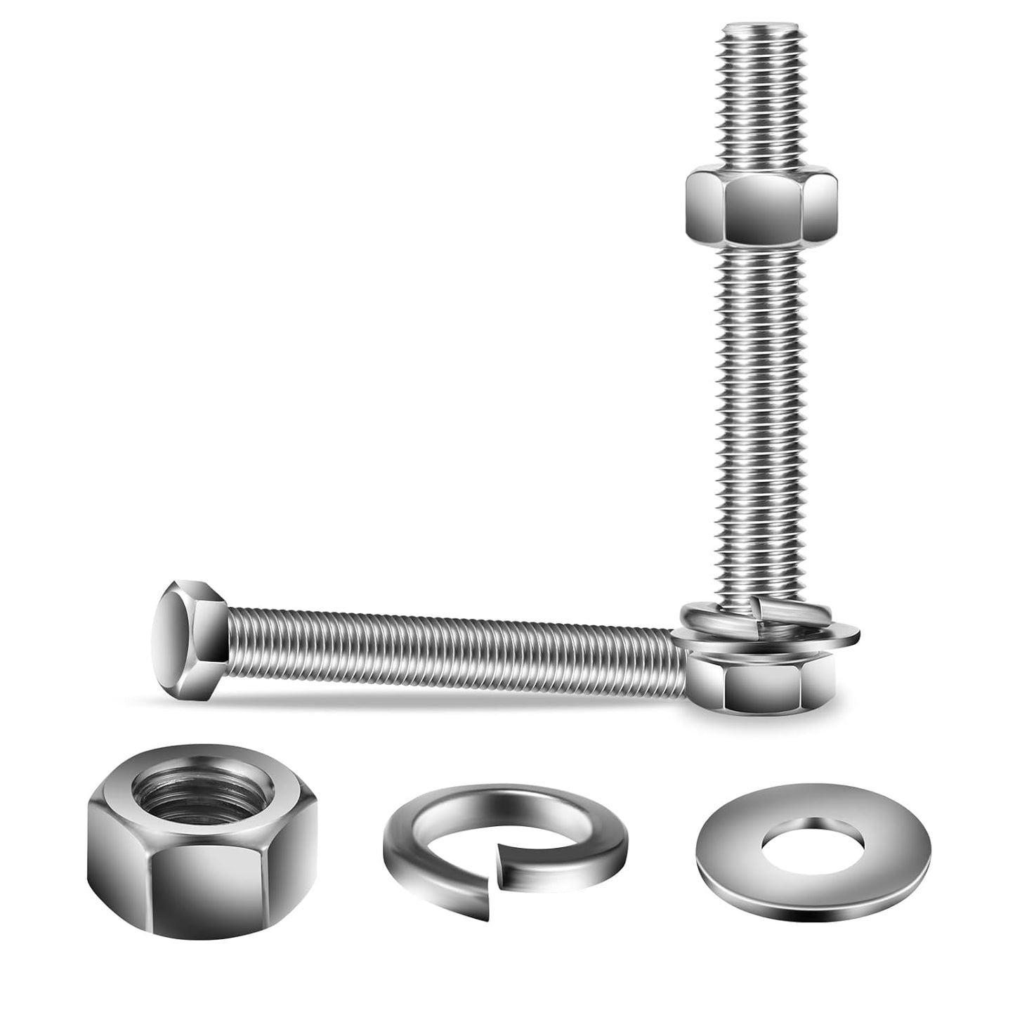 3/8-16 x 6" Hex Head Screw Bolt, Nuts, Flat & Lock Washers, 20Pcs 18-8 (304) Stainless Steel, Fully Threaded, by SG TZH